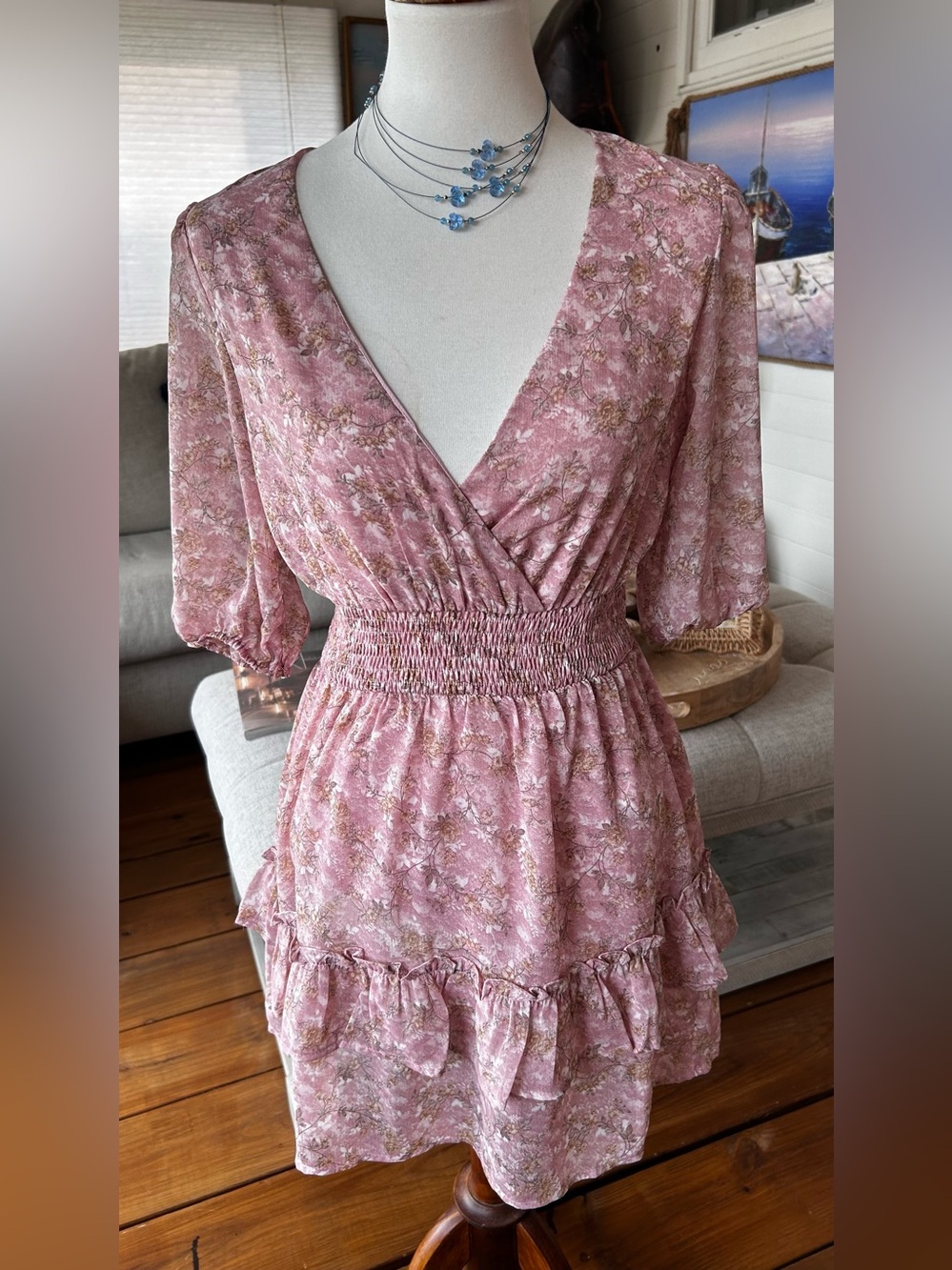 NWT Le Lis Pink Floral Smocked Waist Ruffle Mini Dress S